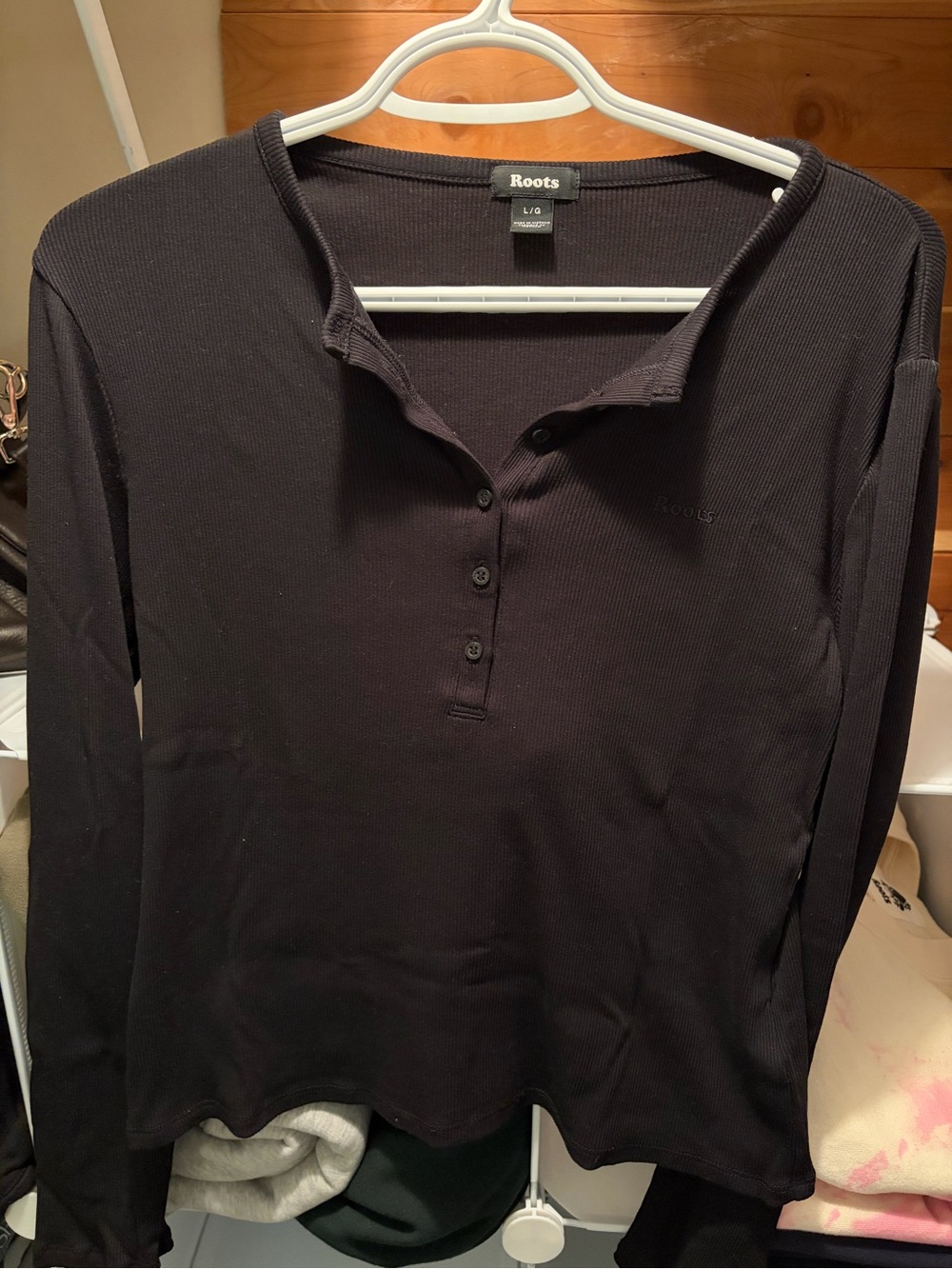 Roots Women's Black Ribbed Long-Sleeve Henley